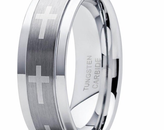 Personalized Engraving - 8mm or 6mm Brushed Tungsten Carbide Christian Cross | Engagement Anniversary | Wedding Band Ring for Men Or Women