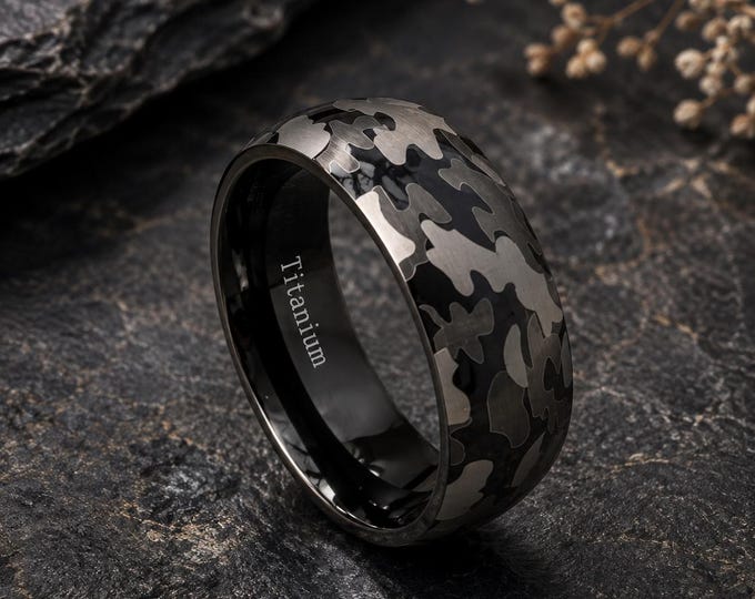 Custom Engraved 8mm Titanium Camouflage Wedding Band Ring, Personalized Camo Ring, Comfort Fit Promise Ring, Free Engraving Anniversary Gift