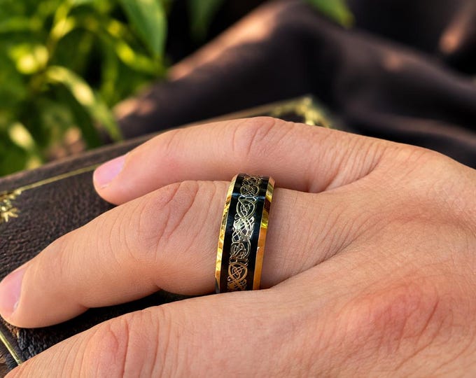 Personalized Dragon Celtic Wedding Band, 8mm Black Tungsten Carbide Ring with Rose Gold Finish, Custom Engraved Viking-Inspired Promise Ring