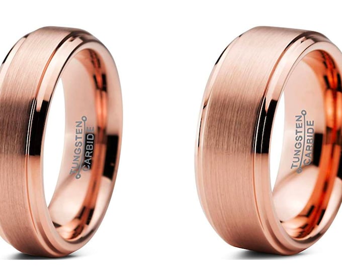 Rose Gold Plated, Brushed Fiber Inlay, 6mm/8mm Ring for Him & Her, Custom Engraved Tungsten Wedding Band Set, Unique Anniversary Band