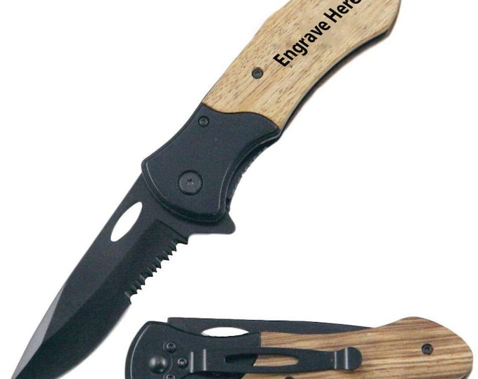 Custom Engraving Handle Spring Assisted Pocket Wood Handle Black Knife Great for Outdoor Fishing, Hunting Hiking , Sports , Groomsmen gift ,