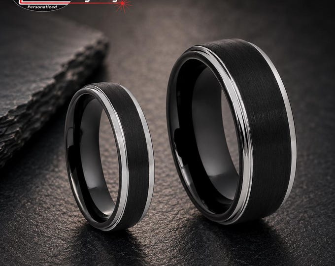 His & Hers Black Tungsten Wedding Band Set, Personalized Engraved Couple Rings, Brushed Silver Comfort Fit Bands, Matching Wedding Gift Set