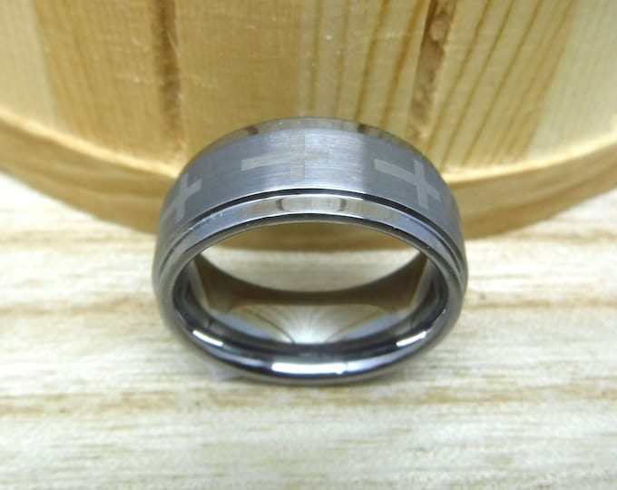 Custom Laser Engraving Ring - 8mm Tungsten Carbide Step Edge With Crosses Wedding Band Ring for Men Or Women Gift for Her & Gift for Him