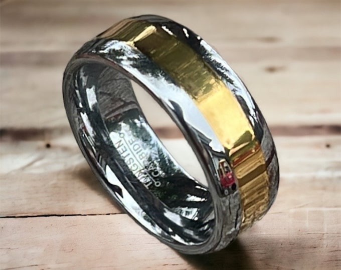 8mm Laser Engraved Wedding Band for Men & Women, Custom Gold Tungsten Ring, Personalized Tungsten Carbide Comfort Fit Anniversary Ring