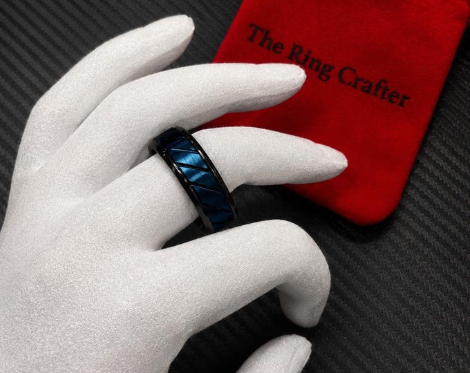 Personalized 8mm Tungsten Wedding Band, Black & Prussian Blue Men's Ring, Custom Engraving Ring, Durable Groom Ring, Unique Couple Gift