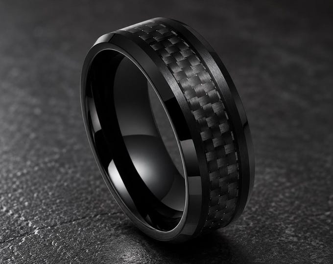 Custom Black Tungsten Wedding Band, 8mm Carbon Fiber Inlay Ring, Personalized Promise Ring, Matte Finish Anniversary Engagement Band Gift