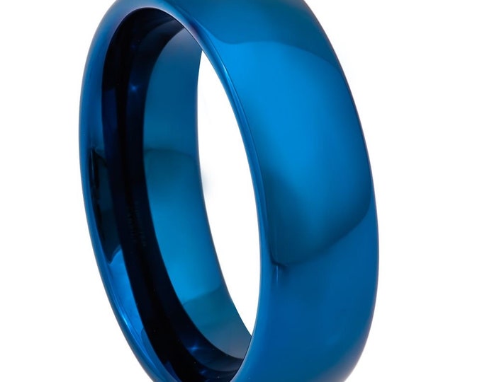 Custom Tungsten Carbide Blue Shiny Ring, Personalized Engraving Ring, Matching Anniversary Wedding Band Ring, Unique Couple Jewelry