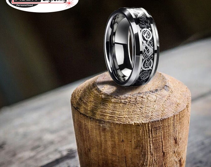 Custom Engraved Tungsten Celtic Dragon Knot Ring, 6mm/8mm Comfort Fit Wedding Band, Personalized Tungsten Jewelry Wedding Gift