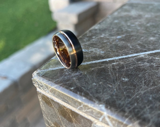 Personalized Engraving - 8mm Tungsten Carbide Black Brushed Grooved Rose Gold | Engagement Anniversary | Wedding Band Ring for Men Or Women
