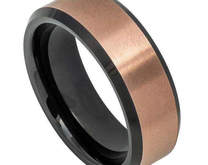 Two-Tone Brushed Rose Gold & Black IP Ring, Custom Engraved 8mm Tungsten Carbide Ring, Inside Beveled Edge Wedding Band for Men and Women