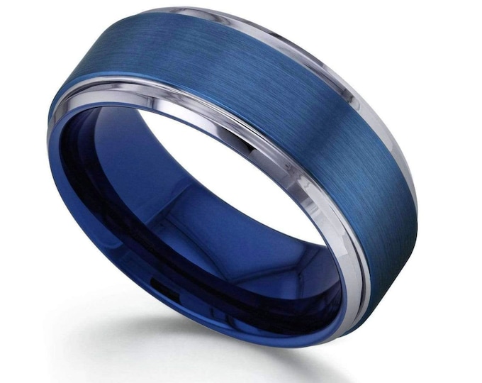 Electric Blue Tungsten Ring, Custom Engraved 9mm Ring, Brushed Finish Step Edge Ring, Comfort Fit Band for Men & Women Anniversary Gift