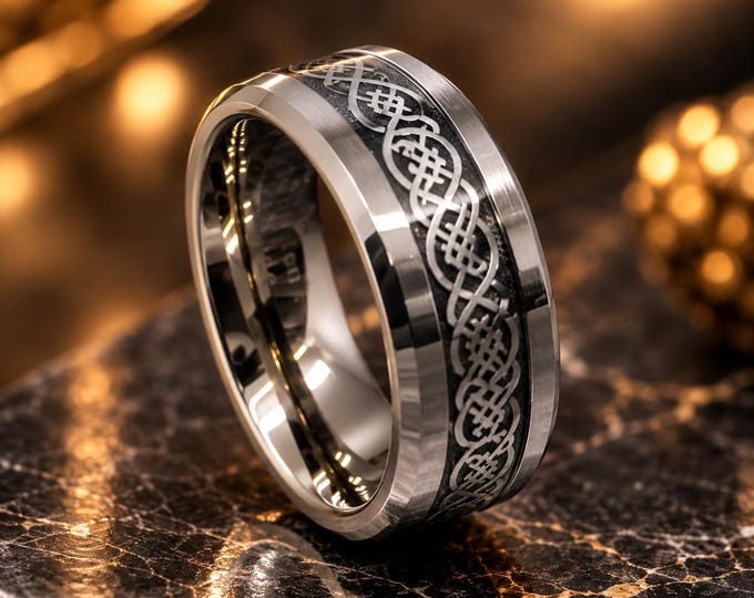Silver Tungsten Dragon Meteorite Wedding Band, 8mm Celtic Inspired Minimalist Ring, Unique Men's Engagement Ring, Fantasy Style Custom Ring