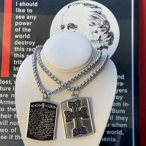 Reversible Armenian Khachkar Cross Pendant w/ Hayr Mer Prayer, Artsakh Strong 26&quot; Steel Chain Necklace, Double-Sided Christian Necklace