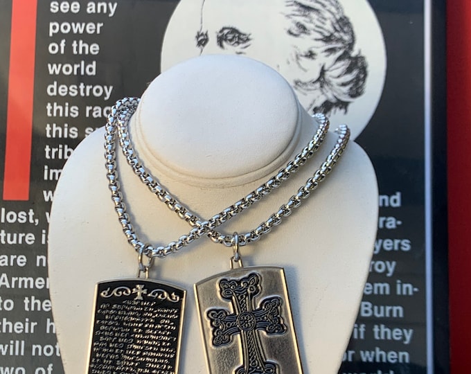 Reversible Armenian Khachkar Cross Pendant w/ Hayr Mer Prayer, Artsakh Strong 26" Steel Chain Necklace, Double-Sided Christian Necklace
