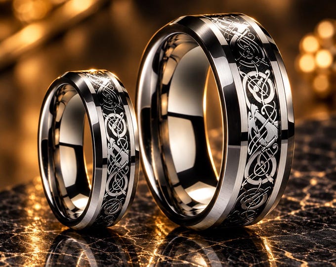 Dragon Celtic Knot Tungsten Wedding Band Set, Personalized Engraving Rings, Symbolic Couple Jewelry, Unique Matching Rings for Unisex Gift