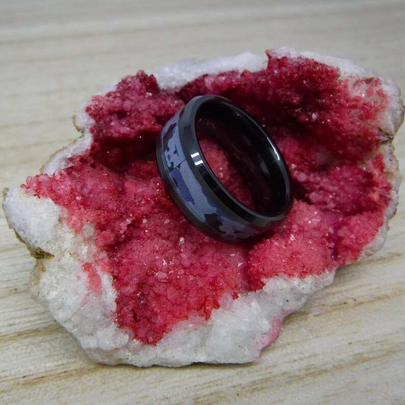 Custom Engraving 8mm Black Ceramic Beveled With Blue Camo Center Inlay Wedding Band Ring for Men Or Women