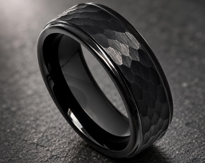 Custom Engraved Tungsten Wedding Band, 8mm Hammered Black Ring, Personalized Durable Matte Finish Ring, Promise Ring Gift For Couples