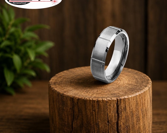 Personalized 7mm Tungsten Carbide Wedding Band, Custom Engraved Brushed Grooved Ring, Comfort Fit Men's Wedding Ring, Gift for Couples