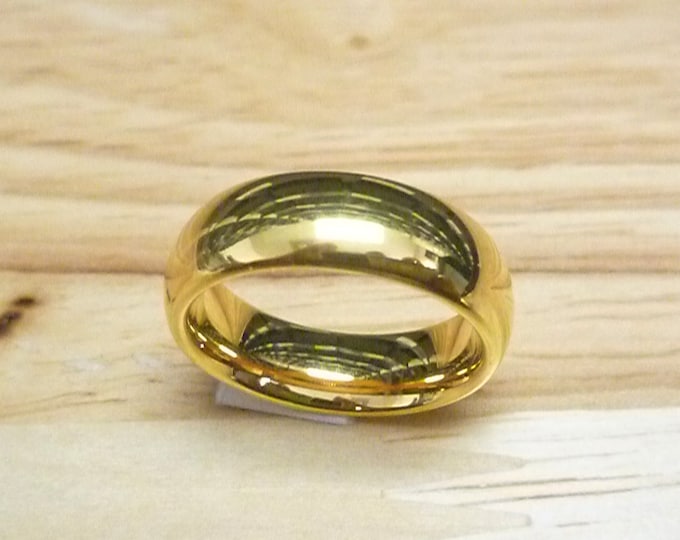 6mm Gold Plated Wedding Band, Classic Domed Style Ring, Custom Laser Engraved Tungsten Ring, Personalized Mens or Womens Promise Ring