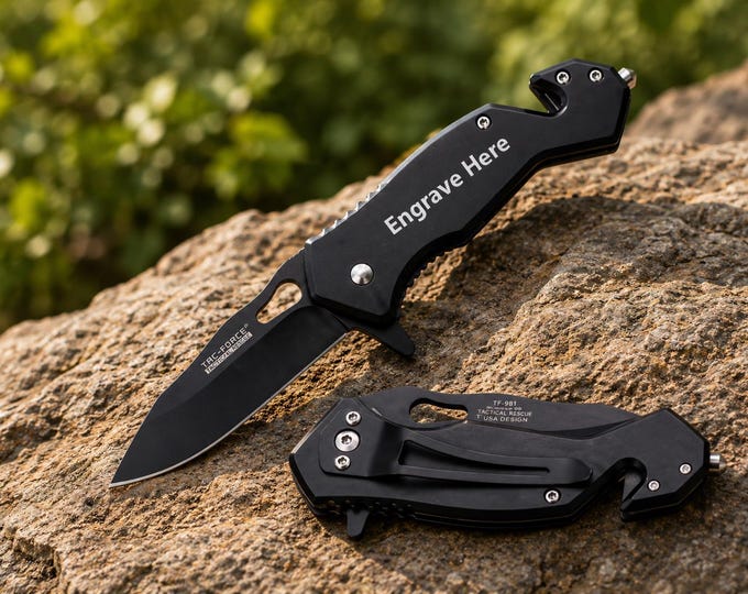 Custom Engraved Tac-Force Spring-Assisted Pocket Knife, Personalized Black Folding Knife, Fishing Camping EDC Gift, Survival Rescue Tool