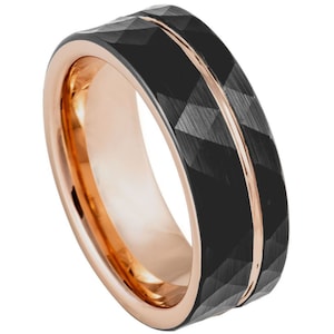 Free Personalized laser engraving Ring for Men and Women TheRingCrafter Rose Gold & Black Plated Faceted Groove Wedding Band Ring