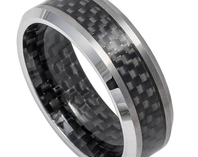 Custom Engraving - 8mm Tungsten Carbide Black Carbon Fiber Inlay  in 7 Out & Shiny Belveled Edge Wedding Band Ring for Men Or Women