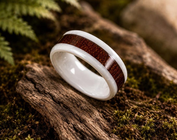 8mm Engraving White Ceramic Ring with Hawaiian Koa Wood Inlay, White Ceramic Beveled Shape Wedding Ring, Faceted White Ceramic Men's Band