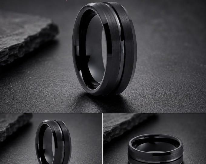 Brushed Black Tungsten Carbide Wedding Band, Modern Grooved Ring, Personalized Engraved Ring, Matte Finish Comfort Fit Anniversary Gift