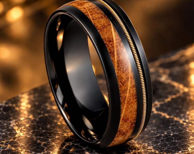 Custom Black Tungsten Band with Whiskey Barrel Wood & Guitar String Inlay, Personalized Laser Engraved 8mm Ring, Unique Musician Ring