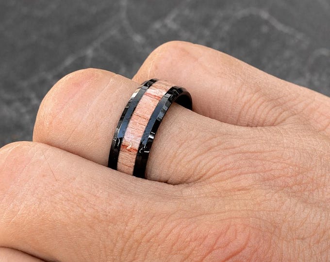 Custom 8mm Black Tungsten Carbide Ring with Genuine Koa Wood Inlay, Personalized Wedding Band, Handmade Men’s Ring, Nature-Inspired Jewelry