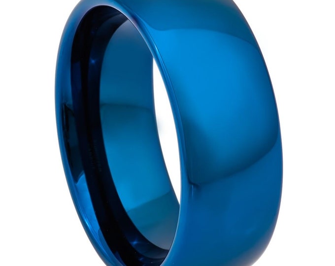 Personalized Engraved Rings, Tungsten Carbide Blue Shiny Matching Wedding Band Rings for Men & Women, Custom Engagement Couple Rings