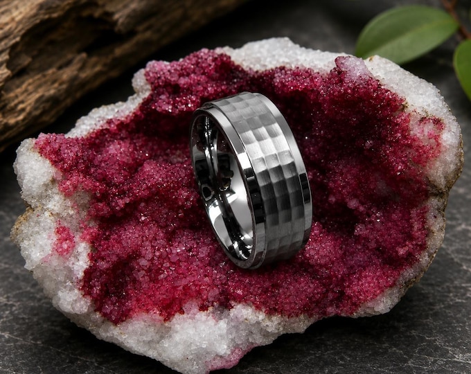Custom Engraved 8mm Titanium Hammered Wedding Band Ring, Personalized Titanium Promise Ring, Rustic Comfort Fit Anniversary Gift Ring