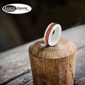 Custom 8mm Dainty Ring, White Ceramic Ring with Hawaiian Koa Wood Inlay, Beveled Wedding Band, Personalized Engraving Tungsten Carbide Ring