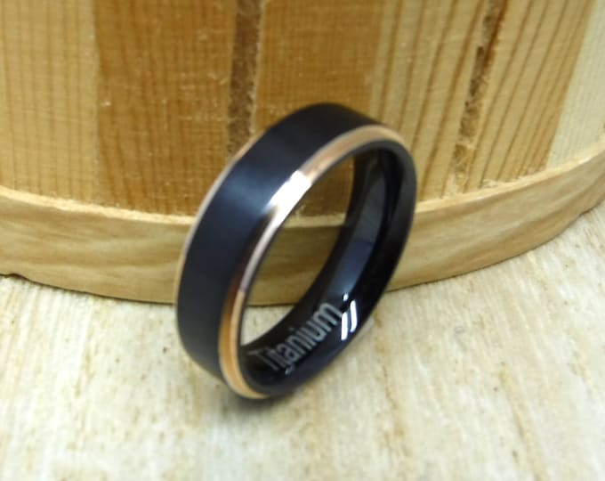Black & Rose Gold Titanium Wedding Band, Custom Engraved 6mm Dainty Ring, Brushed Centre Ring for Men or Women, Promise Ring Timeless Gift