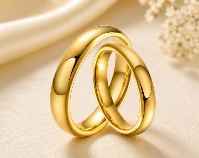 3mm Yellow Gold Tungsten Wedding Band Set, Custom Engraved Matching Rings for Couples, Personalized Anniversary Rings, Durable Love Bands