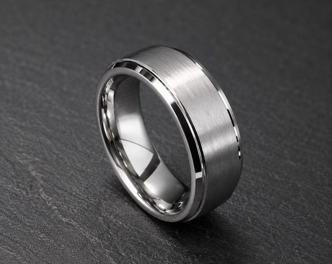 Personalized Tungsten Carbide Wedding Band 8mm, Brushed Matte Finish Ring with Step Edge Design, Custom Laser Engraved Anniversary Ring