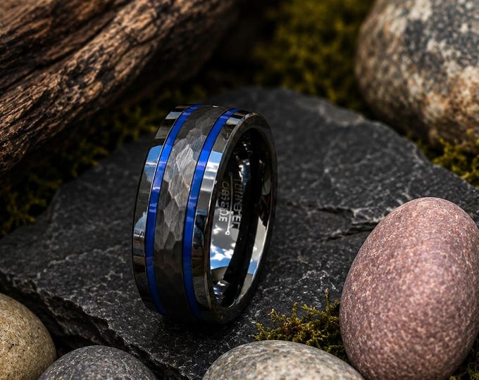 Personalized Brushed Hammered Tungsten Carbide Ring 8mm, Blue Trim Wedding Band, Custom Engraved Men's Ring, Comfort Fit Anniversary Gift