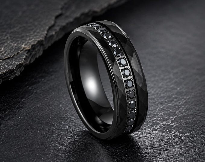 Custom Engraved Black Tungsten Ring, Hammered Wedding Band with Black CZ, Personalized Men's Promise Ring, 8mm Comfort Fit Anniversary Gift