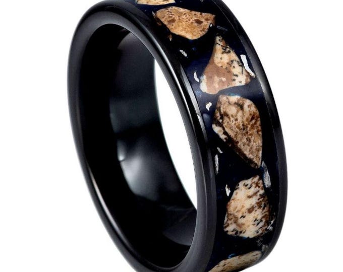 Tungsten Wedding Band, Custom Engraved Elegant Ring, 8mm Black IP Ring with Rhodochrosite Inlay for Men/Women, Free Laser Personalized Ring