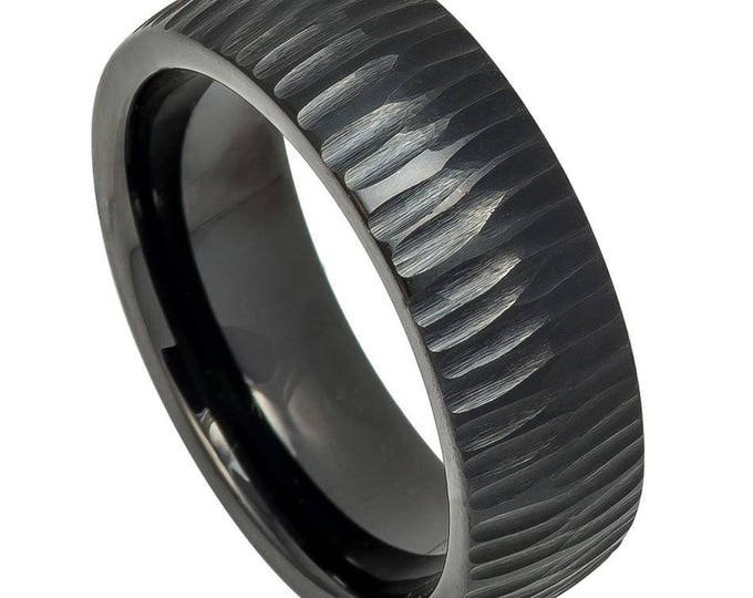 Custom Engraving - 8mm Tungsten Carbide Black Semi Domed Tree Bark Carved Textured  Wedding Band Ring for Men Or Women