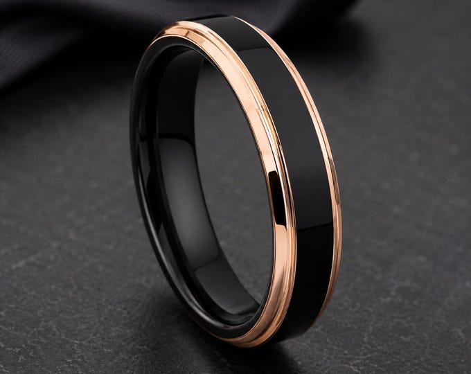 Custom Engraved Black Tungsten Wedding Band, 4mm Rose Gold Step Edge Ring, Modern Comfort Fit Anniversary Ring, Personalized Couple Jewelry