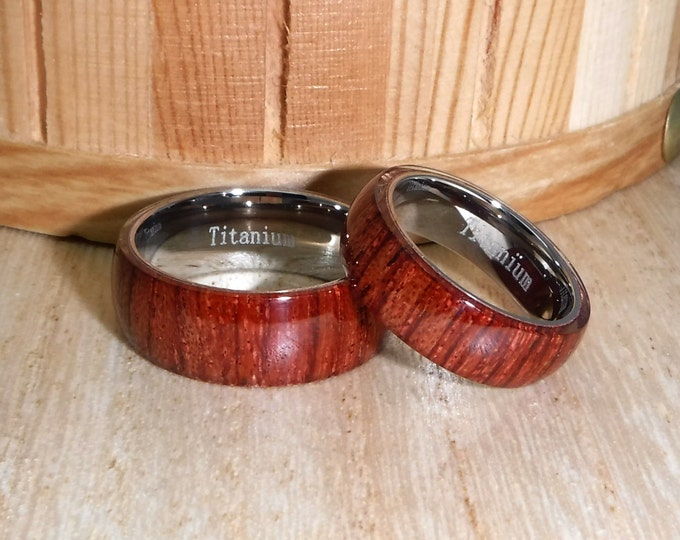 Custom Laser Engraving Ring - 8mm/6mm Titanium Brown Hawaiian Koa Wood Inlay Domed Shape Wedding Band Ring Set Gift for Her & Gift for Him