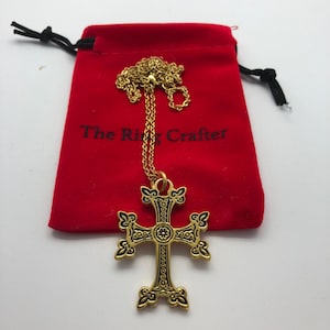 Armenian Khachkar Cross Pendant Necklace, Yellow Gold Ip Stainless Steel Necklace, 22” Chain Custom Engraved Ethnic Jewelry Religious Gift