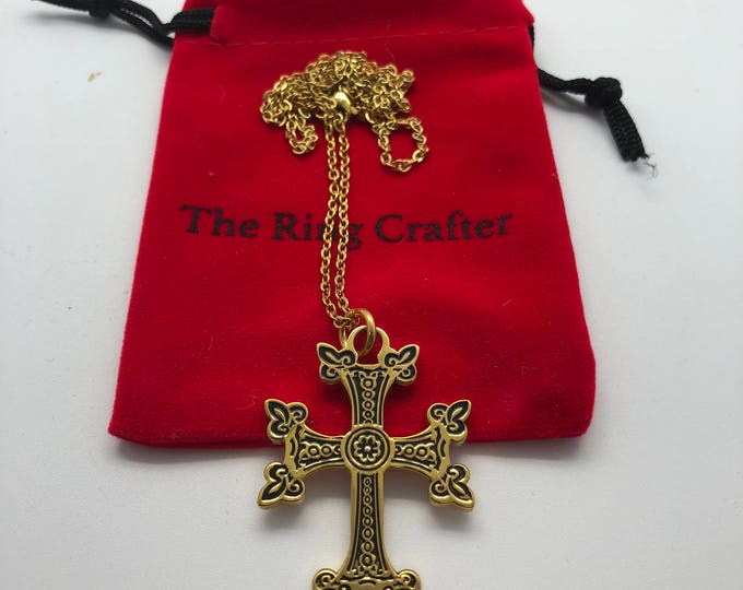 Armenian Khachkar Cross Pendant Necklace, Yellow Gold Ip Stainless Steel Necklace, 22” Chain Custom Engraved Ethnic Jewelry Religious Gift