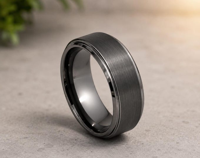 Sleek Gunmetal Tungsten Carbide Ring, Brushed Center Comfort Fit Band, Personalized Couples Promise Ring, Dainty Jewelry Anniversary Gift