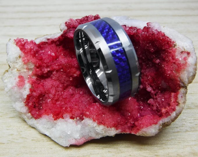 Custom Engraving - 8mm Tungsten Carbide Groove Edge with Blue Carbon Fiber Inlay Wedding Band Ring for Men Or Women