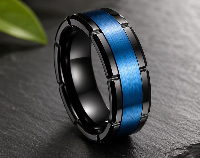 Personalized 8mm Black & Blue Tungsten Ring, Custom Engraved Wedding Band, Brushed Finish Comfort Fit Promise Ring, Couple Anniversary Gift