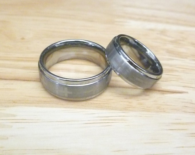 Custom Laser Engraving Ring - 8mm/6mm Tungsten Carbide Step Edge Brushed center with Cross Wedding Band Gift for Her & Gift for Him