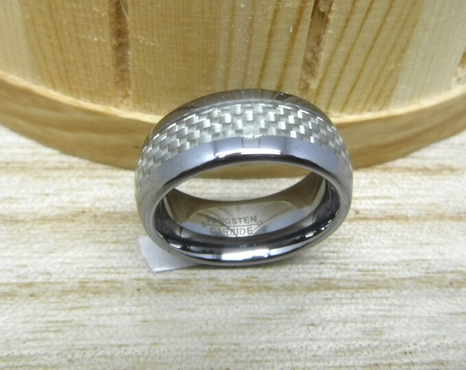 Custom Laser Engraving Ring - 8mm Tungsten Carbide Domed Silver Color Carbon Fiber Inlay Wedding Band Ring for Men Women Gift for Her & Him