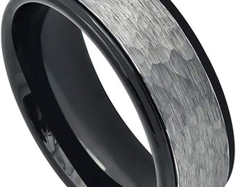 Custom Engraving - 8mm Black Tungsten StepEdge with Silver Hammered Brushed Center Engagement Wedding Band Ring for Men Or Women
